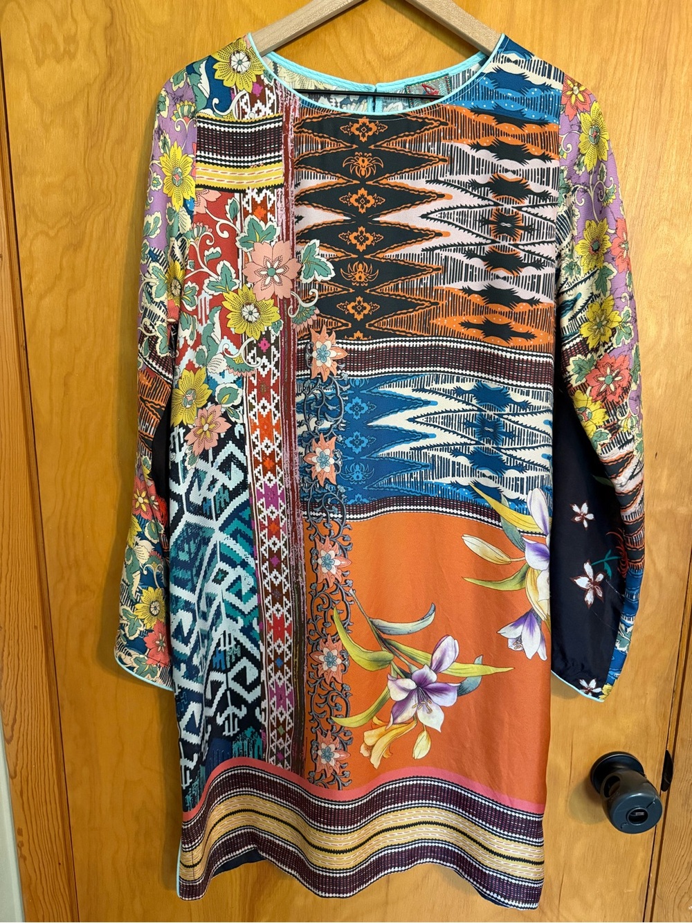 Johnny Was Luna Patchwork 100% Silk Tunic Dress Size M Geometric Floral